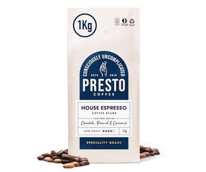 Presto Coffee | House Espresso Coffee Beans | 1kg | Dark Roast | Chocolate Almond Notes | Rainforest Alliance Certified Arabica | Fully Recyclable Packaging.