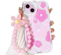 Pretaco for iPhone 14 Case, Cute Clear Blue Floral Bear Camera Lens Case with Lovely Flower Wrist Strap Bracelet Chain for Women Girly,Shockproof Cover-Pink