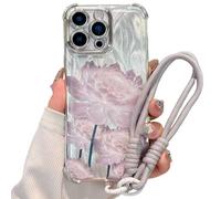 Pretaco for iPhone 15 Case, Sacred Lotus Floral Flower Pattern, with Wrist Strap Charm, Eletroplated Luxury Glittery Style, Reinforced Drop-Proof for Women Girls