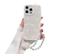 Pretaco for iPhone 16 Plus Case, [2-in-1 with Clear Square Beads Pearl Beaded Wristlet Bracelet] Cute White Bow Print, Suitable for Women & Girls