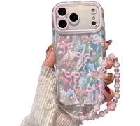 Pretaco for iPhone 17 Pro Case, Pink Bow Pattern Design,Glitter Sparkling Laser Case,2-in-1 with Beaded Wrist Strap,Soft TPU Frame, Shockproof and Anti-Shock, Suitable for Women & Girls