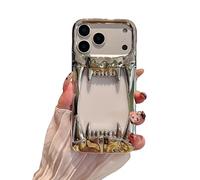 Pretaco Gothic 3D Hollow Horror Devil Pattern Case for iPhone 17 Pro Max, [Luxury Chrome Color Plating] [Heat Dissipantion Thermal Design] Shockproof Bumper for Halloween- Silver