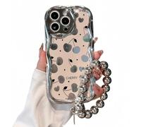 Pretaco iPhone 16 Pro Max Soft TPU Case Chrome Silver Full Cherry | Plated Creative Curved Edge Case, 2-in-1, with Beaded Wrist Strap, Anti-Shock, Shock Resistant, for Women & Girls