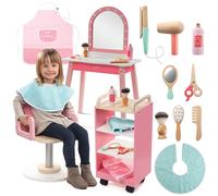 Pretend Hair Salon Wooden Play Set- Full Vanity Mirror Playset w Chair & Rolling Cart- Includes Blow Dryer, Brush, Styling, Cutting Tools - Girls Hair Dresser Stylist Fun, Kids Beauty Care Xmas Gift