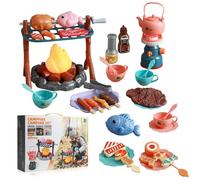 Pretend Play Campfire Toy Set with 45pcs Realistic BBQ Accessories,Fake Grill Foods,Tea Pots etc,Simulate Functional Lights&Sounds,Educational Camping Toys Indoor Outdoor for Kids Ages 3+