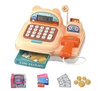 Pretend Play Cash Register Toy for Kids, Electronic Cashier Set with Scanner, Calculator, Microphone, Play Money, Play Food & Shopping Basket, Educational Role Play Toy for 3-6 Years (Brown)