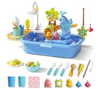 Pretend Play Kitchen Sink with Real Running Water 4-in-1 Water Play Table Floating Pool Fishing & Duck Slide Game Interactive Washing Up Toy(Blue)