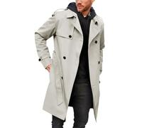 Pretifeel Mens Trench Coat Slim Fit Double Breasted Long Jacket Notched Lapel Belt Fall Windproof Coat, Gray, L