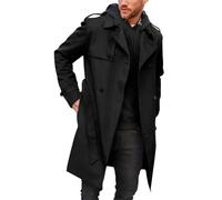 Pretifeel Mens Trench Coat Slim Fit Double Breasted Long Jacket Notched Lapel Belt Fall Windproof Coat, Black, XXL