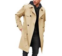 Pretifeel Mens Trench Coat Slim Fit Long Double Breasted Notched Lapel Belt Fall Long Jacket - beige - XL