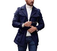 Pretifeel Mens Trench Coat Slim Fit Wool Blends Business Lapel Belted Overcoat Winter Casual Peacoat Jacket, Navy Blue, XL
