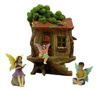 PRETMANNS Fairy Garden Ornaments House Kit, 4 Pieces | Outdoor Miniature Village Decor, Includes Three Fairies, 20 cm High Treehouse, Door Opens Wide