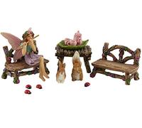 PRETMANNS Fairy Garden Ornaments Set for the Garden - Fairy & Animals | Hand-painted resin; also two benches, a table, and four ladybirds; finely detailed collectible miniature decor
