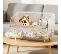 Pretoee 9-in-1 Acrylic Hamster Cage - Clear Pet Cage with 360° Transparent Viewing, Double Layer Chew-Proof Mice Enclosure with Crawling tunnel for Dwarf Syrian Gerbils, 18*13*12in (Wooden Cottage)
