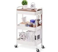 Prettiee 3-Tier Rolling Storage Cart with Table Top, Metal Utility Trolley on Wheels, Lockable Casters, Wooden Tray, Easy Assembly for Kitchen, Bathroom & Living Room - White (White With Wooden Board