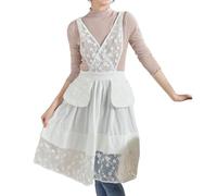 Prettiee Cute Apron for Women Kitchen Cooking Pinafore Apron Dress Cotton Lace Apron with Pockets for Gardening Painting,One Size,White (White One Size)