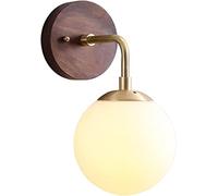 Prettiee Wall Light LED Tricolor Wall Sconces, Modern Chinese Walnut Warm Bedroom Bedside Lamp Living Room Decor Lighting, Frosted Ball Glass Lampshade Wall Lights Bedside Decor Lamp