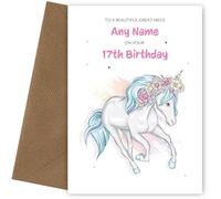 Pretty 17th Birthday Card for Great Niece | Beautiful Great Niece 17th Birthday Cards (Unicorn) | Happy Bday Card for her 17yr Bday when she turns 17 Years Old!