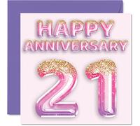 Pretty 21st Anniversary Card for Wife Girlfriend Husband Boyfriend - Pink Purple Glitter Balloons - Happy 21 Anniversary Cards from Family, 145mm Greeting Cards for Anniversaries