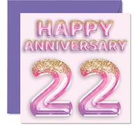 Pretty 22nd Anniversary Card for Wife Girlfriend Husband Boyfriend - Pink Purple Glitter Balloons - Happy 22 Anniversary Cards from Family, 145mm Greeting Cards for Anniversaries
