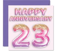 Pretty 23rd Anniversary Card for Wife Girlfriend Husband Boyfriend - Pink Purple Glitter Balloons - Happy 23 Anniversary Cards from Family, 145mm Greeting Cards for Anniversaries