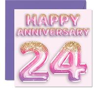 Pretty 24th Anniversary Card for Wife Girlfriend Husband Boyfriend - Pink Purple Glitter Balloons - Happy 24 Anniversary Cards from Family, 145mm Greeting Cards for Anniversaries