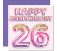 Pretty 26th Anniversary Card for Wife Girlfriend Husband Boyfriend - Pink Purple Glitter Balloons - Happy 26 Anniversary Cards from Family, 145mm Greeting Cards for Anniversaries