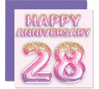 Pretty 28th Anniversary Card for Wife Girlfriend Husband Boyfriend - Pink Purple Glitter Balloons - Happy 28 Anniversary Cards from Family, 145mm Greeting Cards for Anniversaries