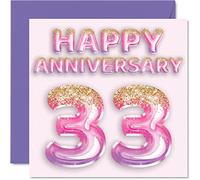 Pretty 33rd Anniversary Card for Wife Girlfriend Husband Boyfriend - Pink Purple Glitter Balloons - Happy 33 Anniversary Cards from Family, 145mm Greeting Cards for Anniversaries