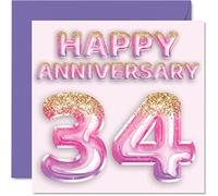 Pretty 34th Anniversary Card for Wife Girlfriend Husband Boyfriend - Pink Purple Glitter Balloons - Happy 34 Anniversary Cards from Family, 145mm Greeting Cards for Anniversaries