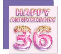 Pretty 36th Anniversary Card for Wife Girlfriend Husband Boyfriend - Pink Purple Glitter Balloons - Happy 36 Anniversary Cards from Family, 145mm Greeting Cards for Anniversaries