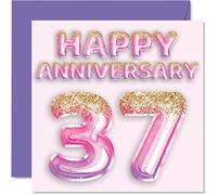 Pretty 37th Anniversary Card for Wife Girlfriend Husband Boyfriend - Pink Purple Glitter Balloon - Happy 37 Anniversary Cards from Family, 145mm Greeting Cards for Anniversaries