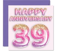 Pretty 39th Anniversary Card for Wife Girlfriend Husband Boyfriend - Pink Purple Glitter Balloons - Happy 39 Anniversary Cards from Family, 145mm Greeting Cards for Anniversaries