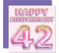 Pretty 42nd Anniversary Card for Wife Girlfriend Husband Boyfriend - Pink Purple Glitter Balloons - Happy 42 Anniversary Cards from Family, 145mm Greeting Cards for Anniversaries