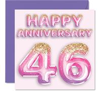 Pretty 46th Anniversary Card for Wife Girlfriend Husband Boyfriend - Pink Purple Glitter Balloons - Happy 46 Anniversary Cards from Family, 145mm Greeting Cards for Anniversaries