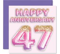 Pretty 47th Anniversary Card for Wife Girlfriend Husband Boyfriend - Pink Purple Glitter Balloons - Happy 47 Anniversary Cards from Family, 145mm Greeting Cards for Anniversaries