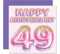 Pretty 49th Anniversary Card for Wife Girlfriend Husband Boyfriend - Pink Purple Glitter Balloons - Happy 49 Anniversary Cards from Family, 145mm Greeting Cards for Anniversaries