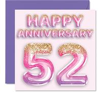 Pretty 52nd Anniversary Card for Wife Girlfriend Husband Boyfriend - Pink Purple Glitter Balloons - Happy 52 Anniversary Cards from Family, 145mm Greeting Cards for Anniversaries