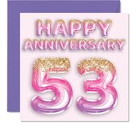 Pretty 53rd Anniversary Card for Wife Girlfriend Husband Boyfriend - Pink Purple Glitter Balloons - Happy 53 Anniversary Cards from Family, 145mm Greeting Cards for Anniversaries
