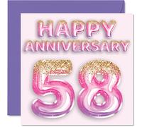 Pretty 58th Anniversary Card for Wife Girlfriend Husband Boyfriend - Pink Purple Glitter Balloons - Happy 58 Anniversary Cards from Family, 145mm Greeting Cards for Anniversaries