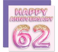 Pretty 62nd Anniversary Card for Wife Girlfriend Husband Boyfriend - Pink Purple Glitter Balloons - Happy 62 Anniversary Cards from Family, 145mm Greeting Cards for Anniversaries