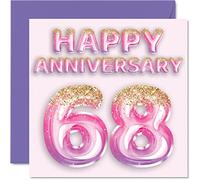 Pretty 68th Anniversary Card for Wife Girlfriend Husband Boyfriend - Pink Purple Glitter Balloons - Happy 68 Anniversary Cards from Family, 145mm Greeting Cards for Anniversaries