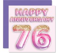 Pretty 76th Anniversary Card for Wife Girlfriend Husband Boyfriend - Pink Purple Glitter Balloons - Happy 76 Anniversary Cards from Family, 145mm Greeting Cards for Anniversaries