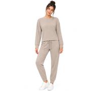 Pretty Attitude Ladies 2 Pcs Marl Knitted Ribbed Bottom Lounge Wear Suit Set Women's Tracksuit (BEIGE MARL RIBED, 10)