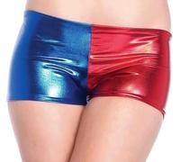 Pretty Attitude Ladies Suicide Squad Harlequin Womens Shorts Harley Hot Quinn Metallic Shiny Pants Halloween Party Shorts (Red & Blue, UK16-18)