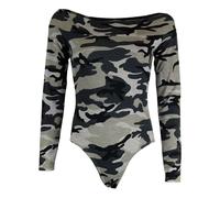 Pretty Attitude Ladies Women's Off Shoulder Long Sleeve Plain Slim-Fit Stretchy Party Blouse Crop Cross Wrap Jumpsuits Rompers Top Tee Bardot Bodysuit Leotard (14, Camouflage Grey)