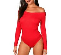 Pretty Attitude Ladies Women's Off Shoulder Long Sleeve Plain Slim-Fit Stretchy Party Blouse Crop Cross Wrap Jumpsuits Rompers Top Tee Bardot Bodysuit Leotard (12, Red)