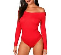 Pretty Attitude Ladies Women's Off Shoulder Long Sleeve Plain Slim-Fit Stretchy Party Blouse Crop Cross Wrap Jumpsuits Rompers Top Tee Bardot Bodysuit Leotard (10, Red)