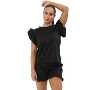 Pretty Attitude New Womens Plain Peplum Frill Sleeve Top Shorts Ladies Crew Neck Lounge Wear Tracksuit (as8, numeric, numeric_12, numeric_14, regular, regular, Black, M-L)