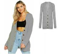 Pretty Attitude Womens Ladies Chunky Cable Knit Cardigan Button Long Sleeves Grandad Plus Sizes (Gray, 24)